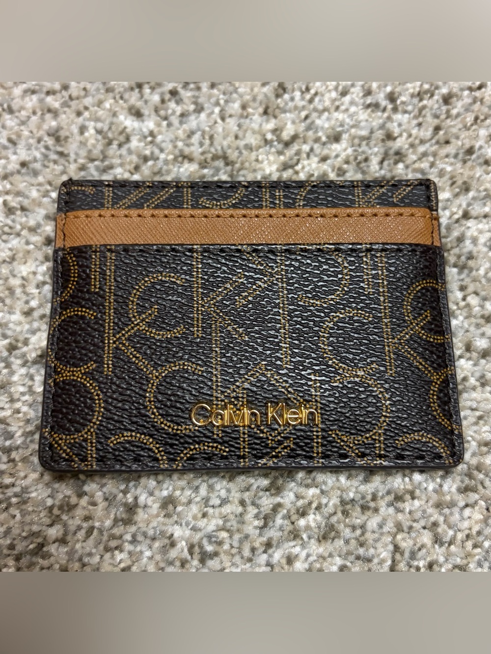 Calvin Klein Brown Monogram Card Case with Tan Trim